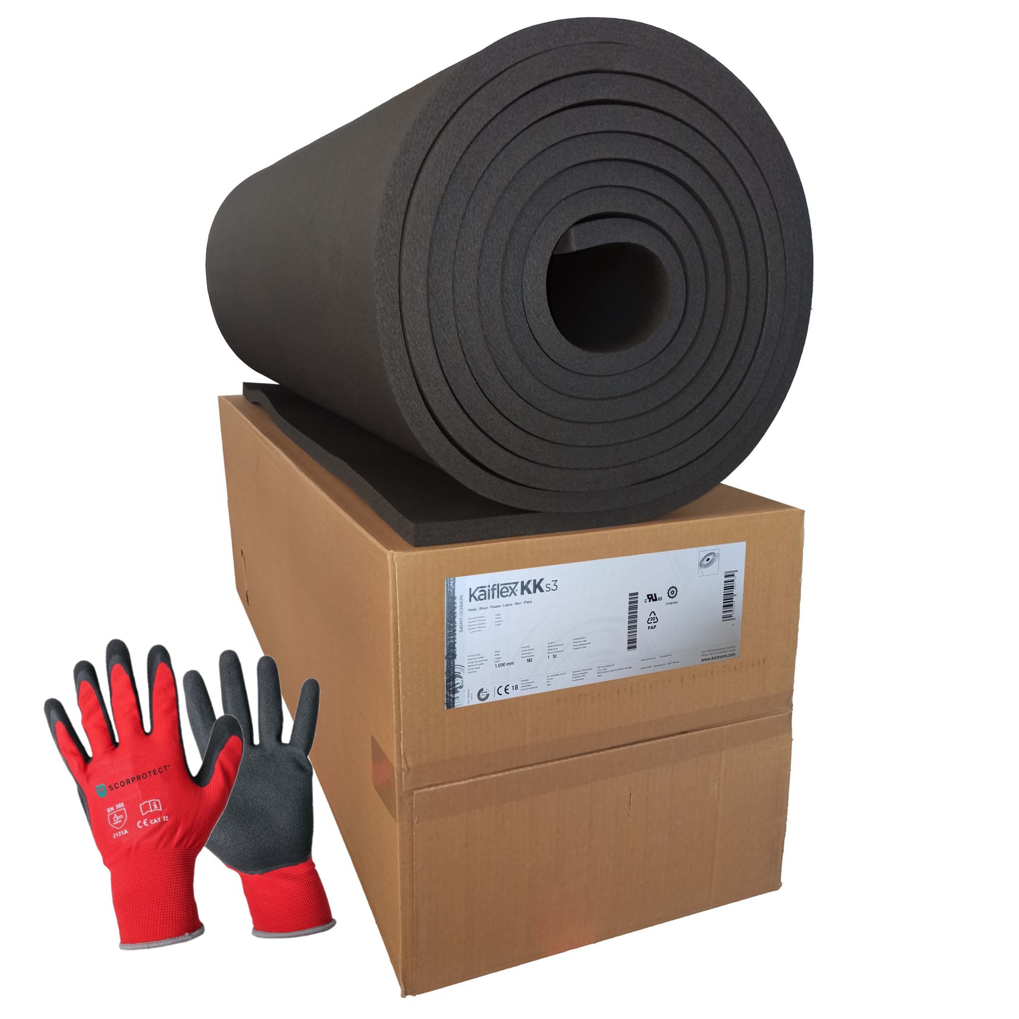 NichtSK_Kaimann Kaimann Kaiflex® KK Kautschuk Platte nicht selbstklebend 13 mm, 19 mm, 25 mm + rote Handschuhe CAT2