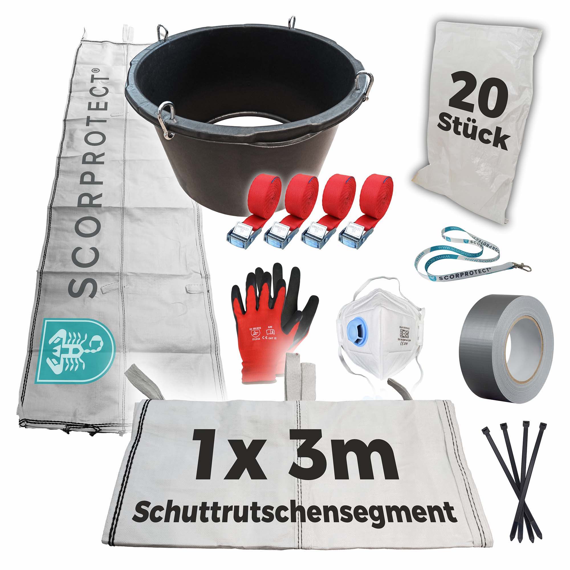 Schuttrutsche Bauschuttrutsche 3 m flexibel mit Einfülltrichter, 20x Flachsäcke und Zubehör
