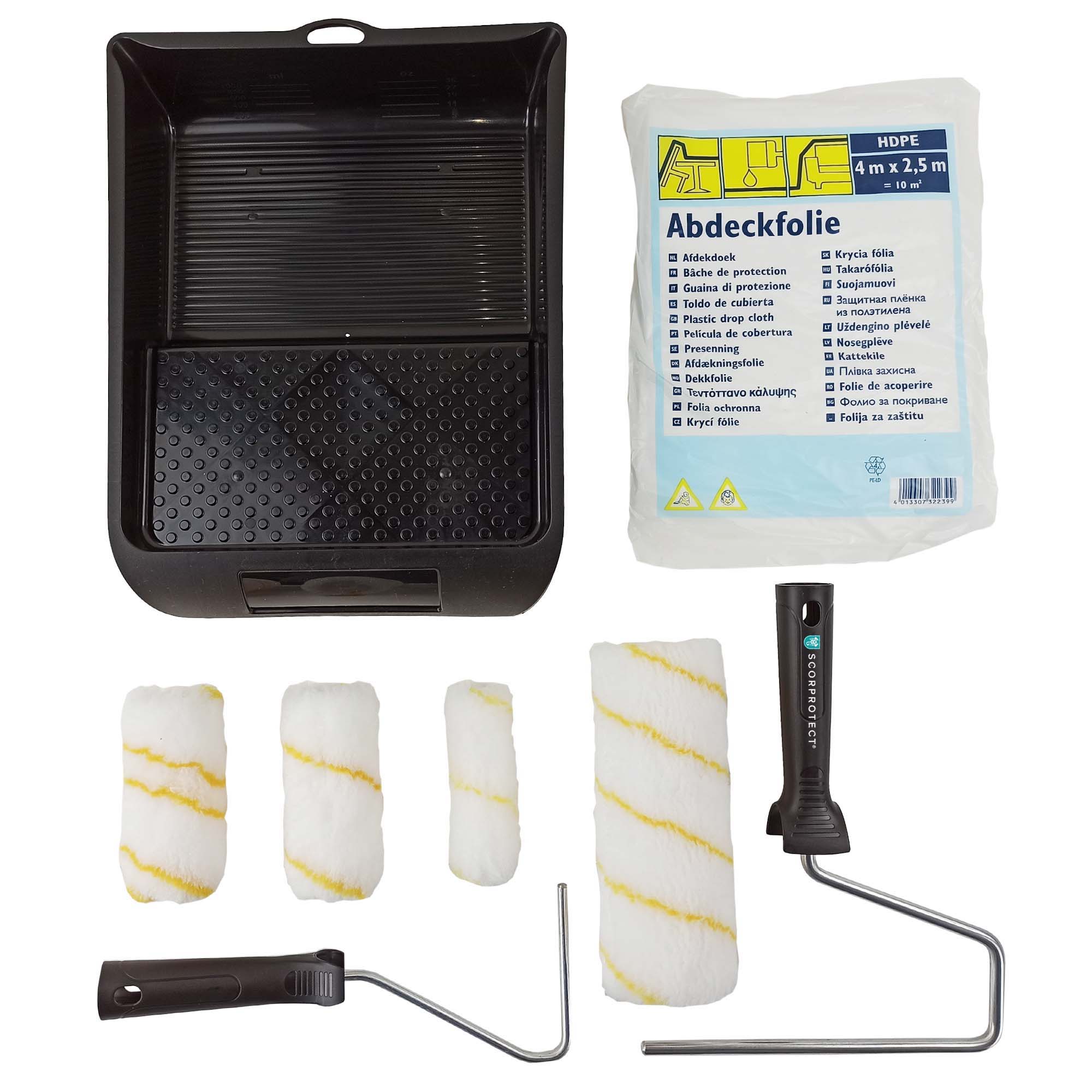 Scorprotect® Renovierer-Maler-Set 8-teilig mit Farbroller, Farbwalze, Farbwanne und Folie Scorprotect® Renovierer-Maler-Set 8-teilig mit Farbroller, Farbwalze, Farbwanne und Folie