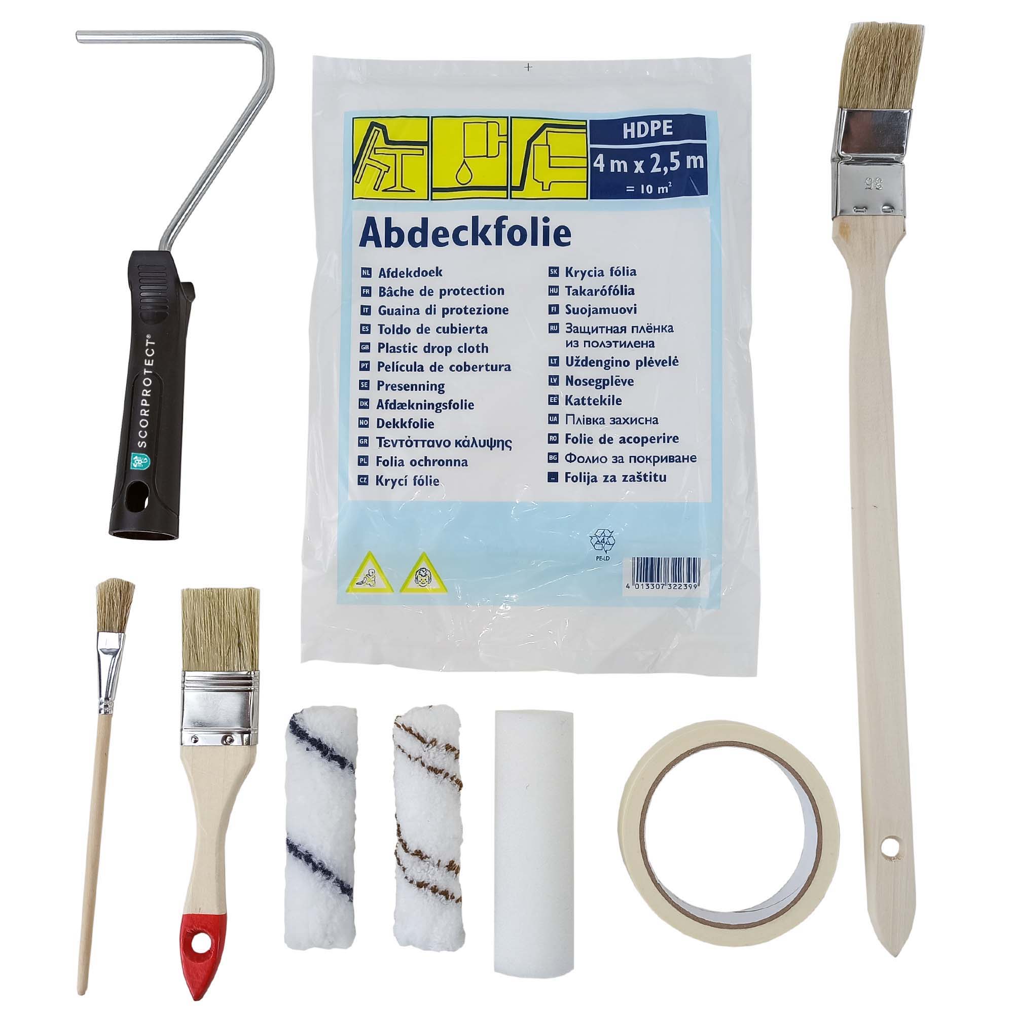 Scorprotect® Profi-Renovier-Set 9-teilig für Malerarbeiten mit Farbroller, Walzen, Pinsel, Folie & Kreppband Scorprotect® Profi-Renovier-Set 9-teilig für Malerarbeiten mit Farbroller, Walzen, Pinsel, Folie & Kreppband