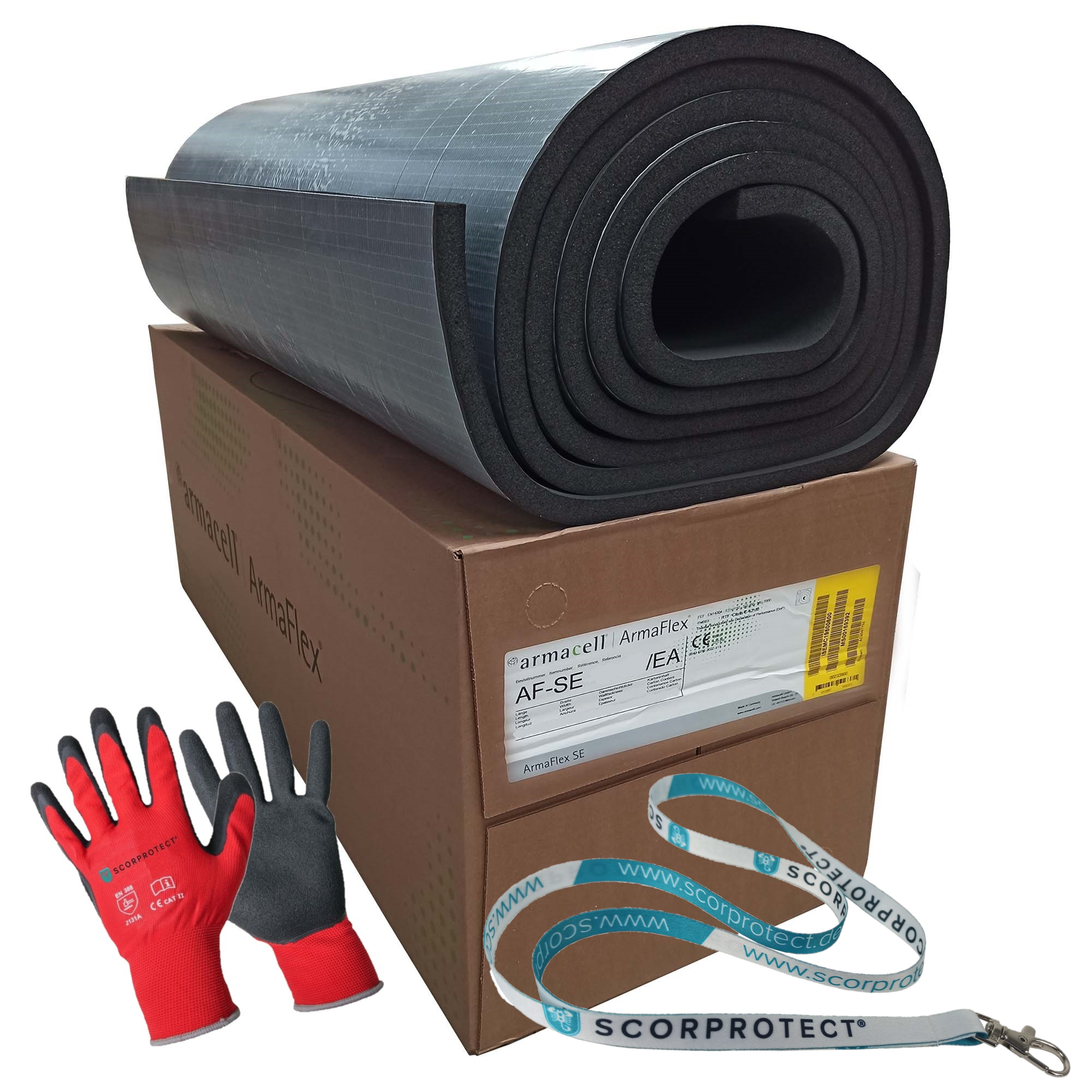 ArmaFlex® SE Kautschuk Platten s2 selbstklebend + rote Handschuhe CAT2 + Scorprotect® Schlüsselband ArmaFlex® SE Kautschuk Platten s2 selbstklebend + rote Handschuhe CAT2 + Scorprotect® Schlüsselband