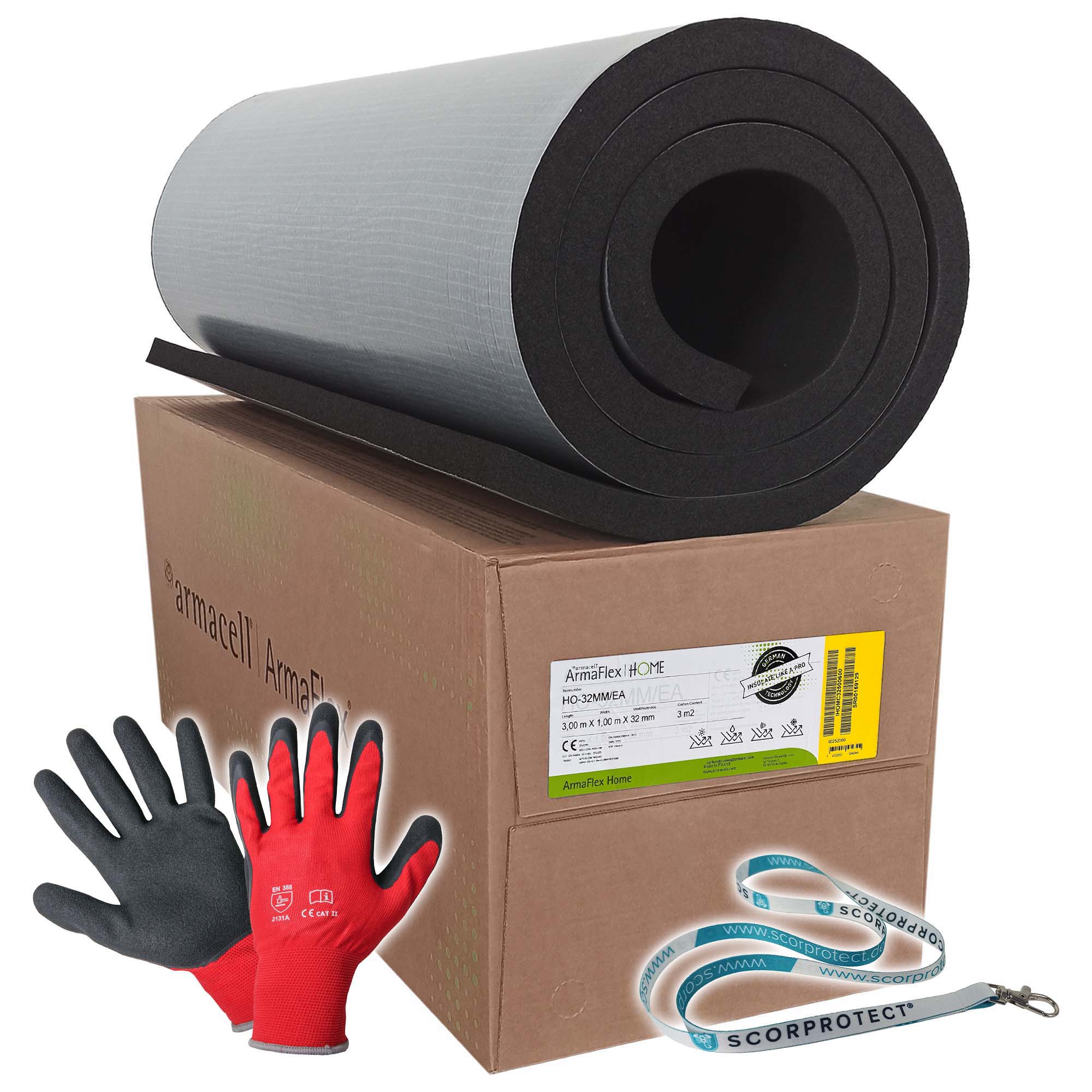 32 mm Armacell ArmaFlex HOME Kautschuk Platte selbstklebend + rote Handschuhe CAT 2 + Scorprotect® Schlüsselband
