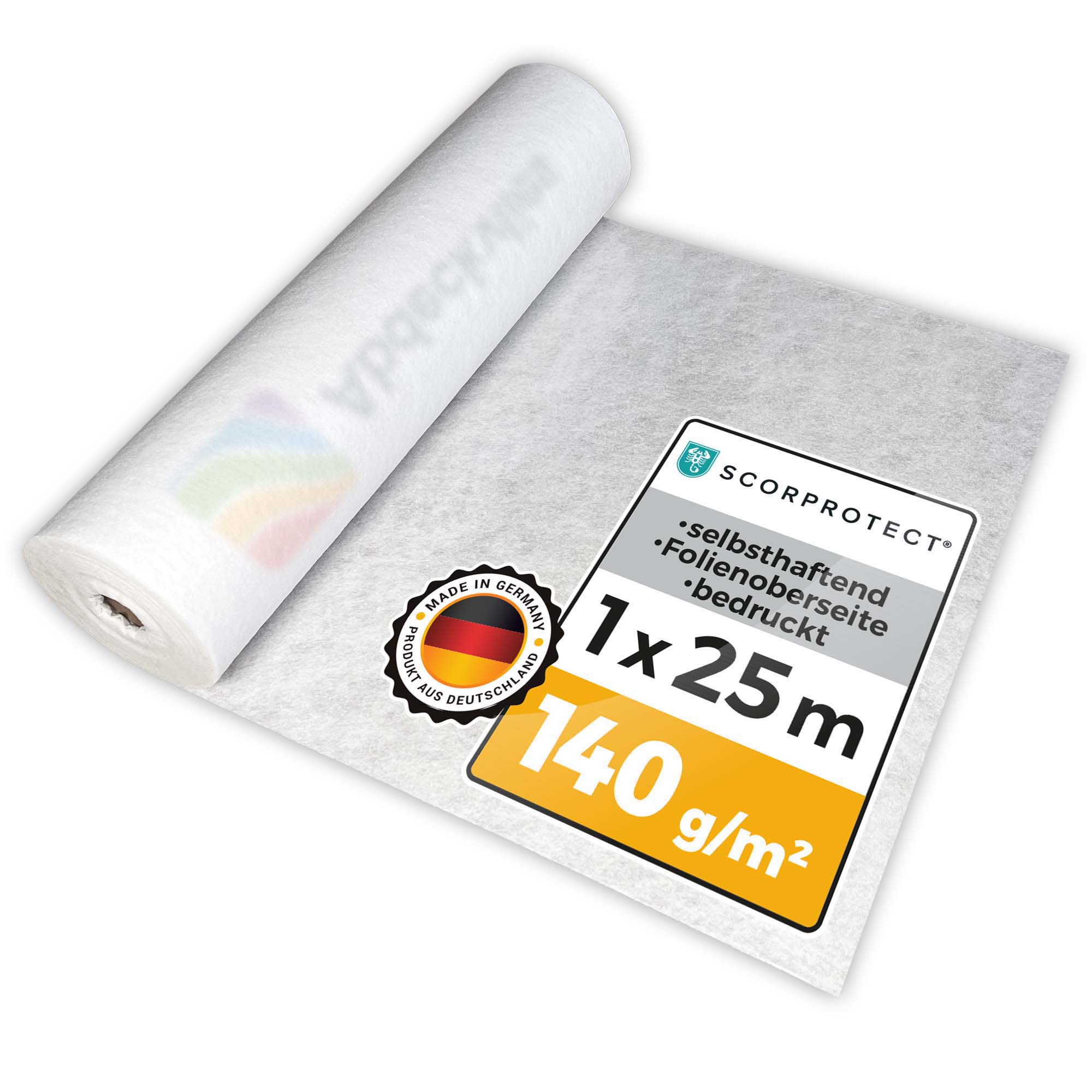 Scorprotect® Boden- und Treppenschutzvlies selbsthaftend mit Logo 1 m x 25 m 140 g/m² Scorprotect® Boden- und Treppenschutzvlies selbsthaftend mit Logo 1 m x 25 m 140 g/m²