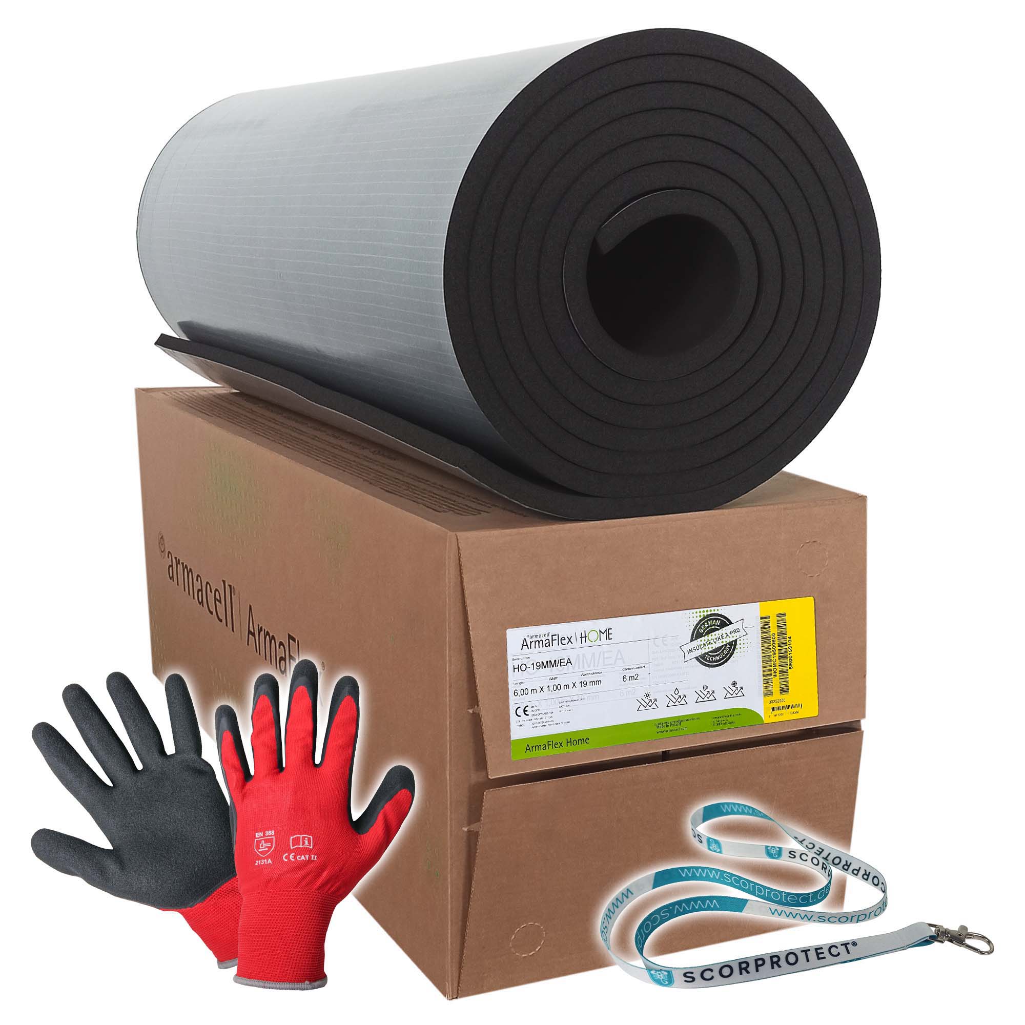 19 mm Armacell ArmaFlex HOME Kautschuk Platte selbstklebend + rote Handschuhe CAT 2 + Scorprotect® Schlüsselband 19 mm Armacell ArmaFlex HOME Kautschuk Platte selbstklebend + rote Handschuhe CAT 2 + Scorprotect® Schlüsselband
