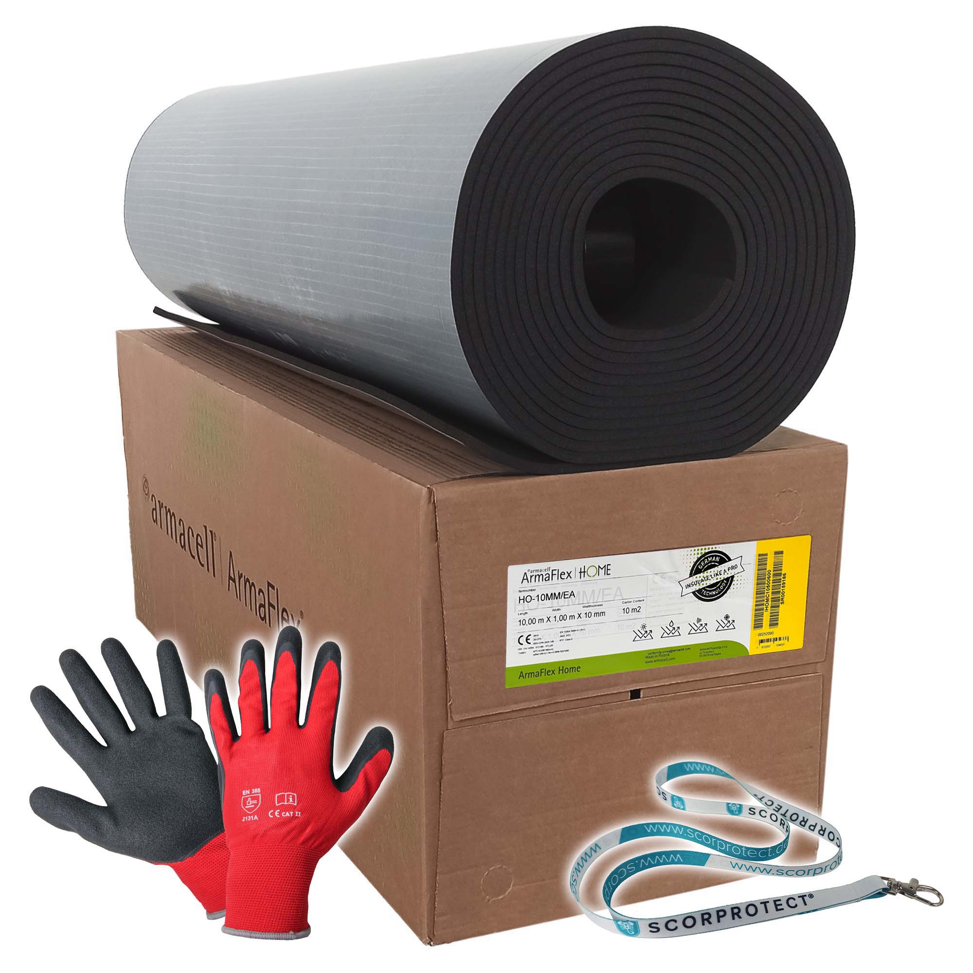 10 mm Armacell ArmaFlex HOME Kautschuk Platte selbstklebend + rote Handschuhe CAT 2 + Scorprotect® Schlüsselband 10 mm Armacell ArmaFlex HOME Kautschuk Platte selbstklebend + rote Handschuhe CAT 2 + Scorprotect® Schlüsselband