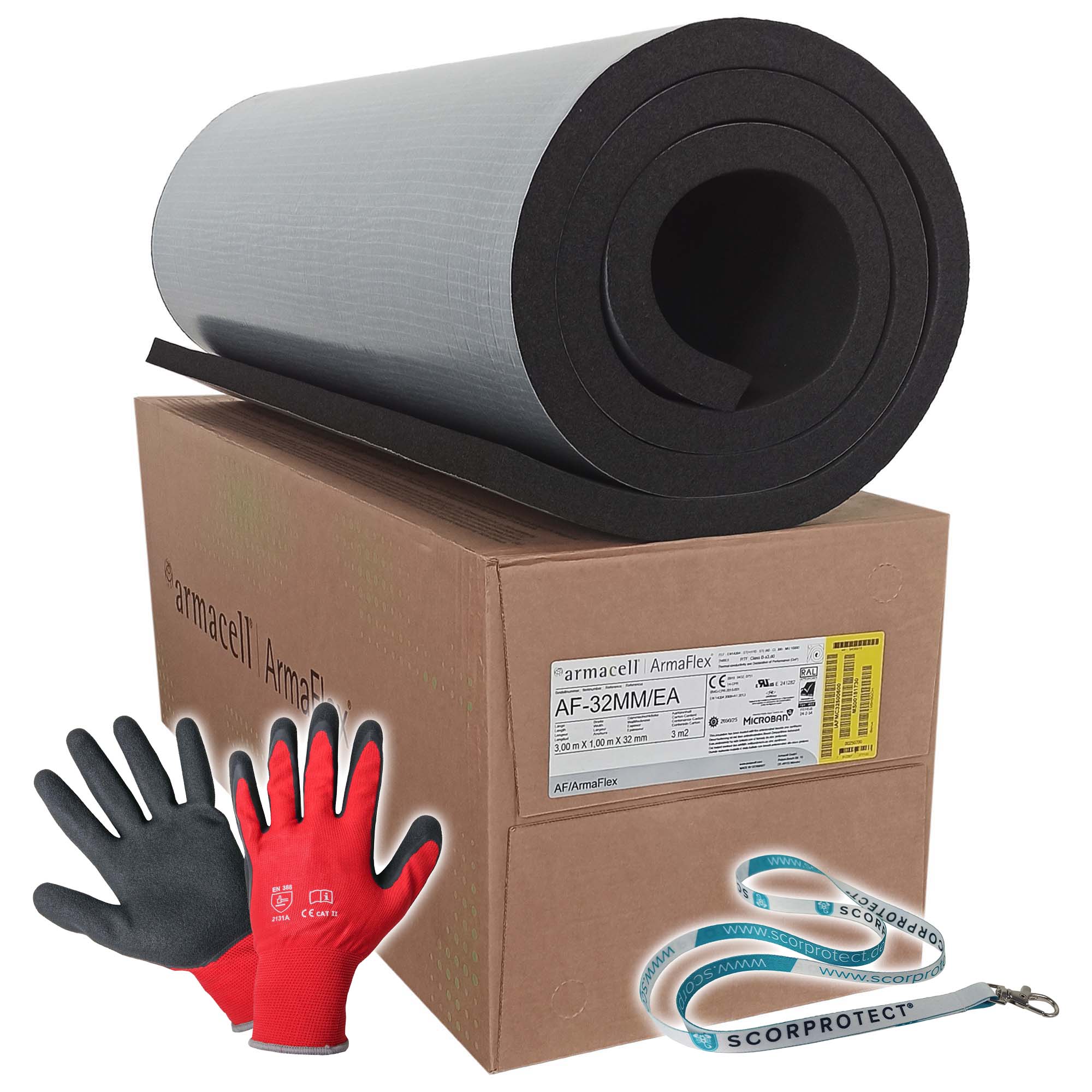 32 mm Armacell Armaflex AF Kautschuk Platten selbstklebend + rote Handschuhe CAT 2 + Scorprotect® Schlüsselband 32 mm Armacell Armaflex AF Kautschuk Platten selbstklebend + rote Handschuhe CAT 2 + Scorprotect® Schlüsselband