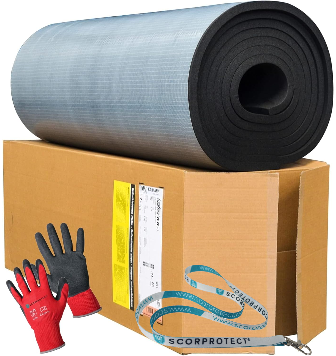 Kaimann Kaiflex® KK Kautschuk Platte selbstklebend + rote Handschuhe CAT2 + SCORPROTECT® Schlüsselband Kaimann Kaiflex® KK Kautschuk Platte selbstklebend + rote Handschuhe CAT2 + SCORPROTECT® Schlüsselband