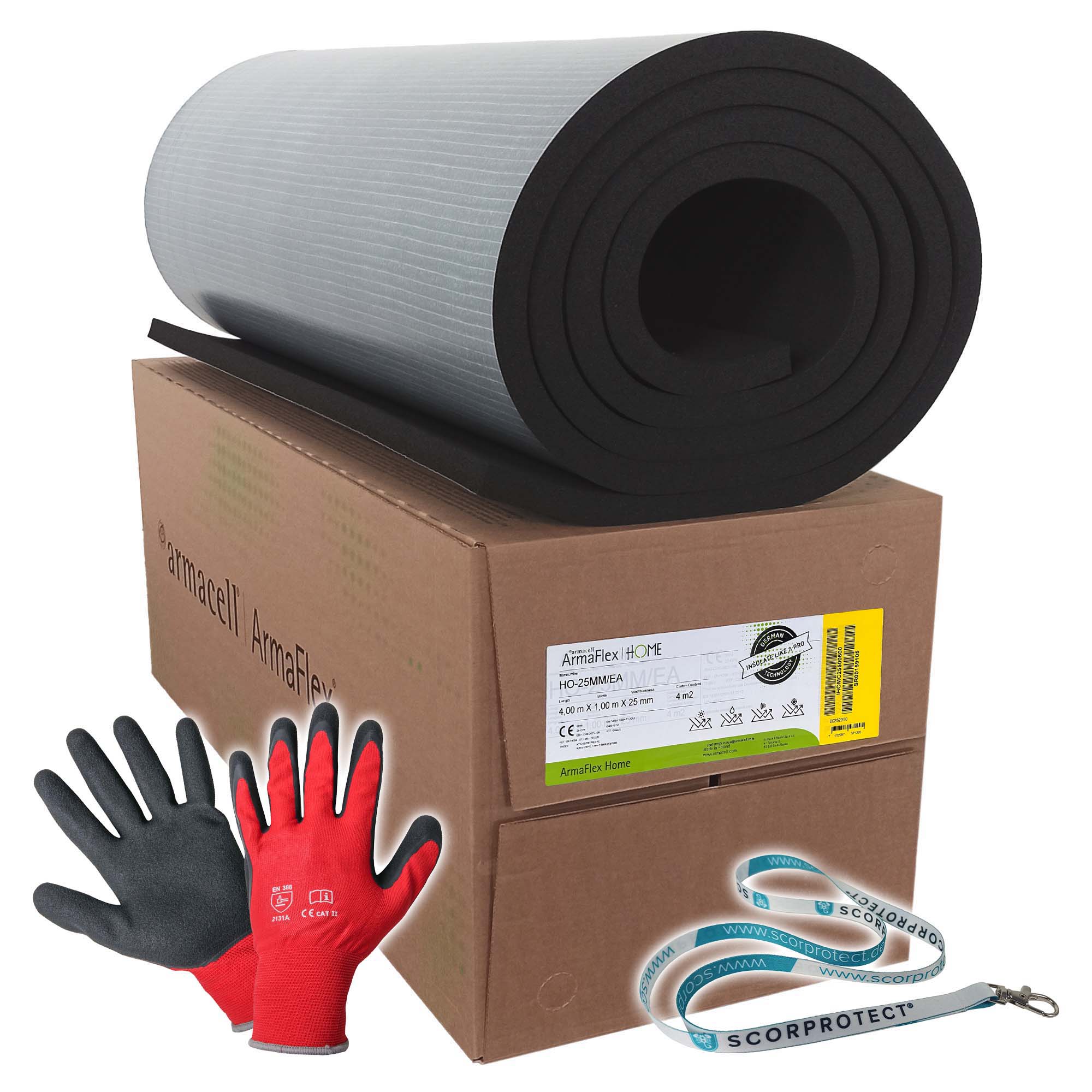25 mm Armacell ArmaFlex HOME Kautschuk Platte selbstklebend + rote Handschuhe CAT 2 + Scorprotect® Schlüsselband 25 mm Armacell ArmaFlex HOME Kautschuk Platte selbstklebend + rote Handschuhe CAT 2 + Scorprotect® Schlüsselband