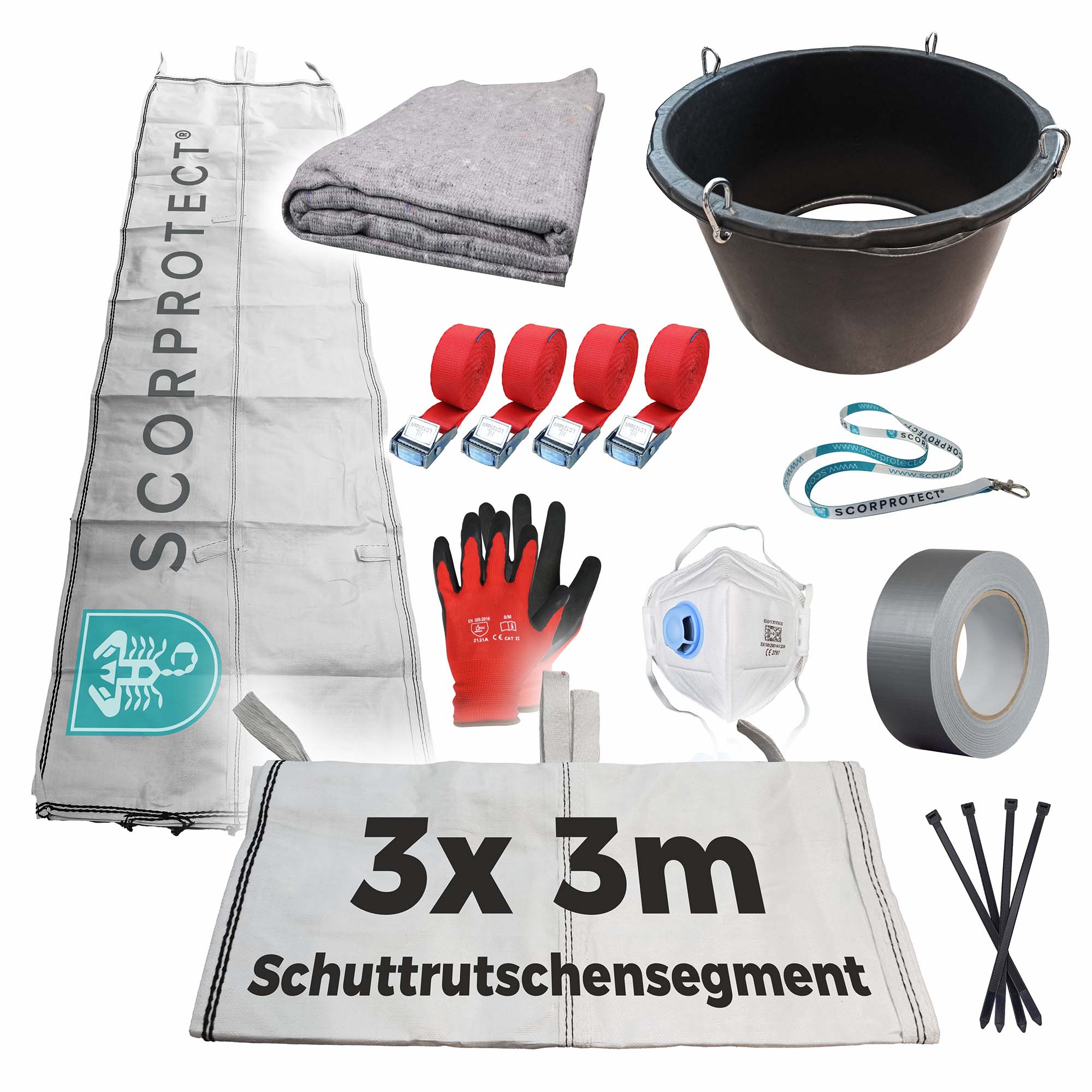 Schuttrutsche Bauschuttrutsche 9 m flexibel mit Einfülltrichter, Packdecke und Zubehör