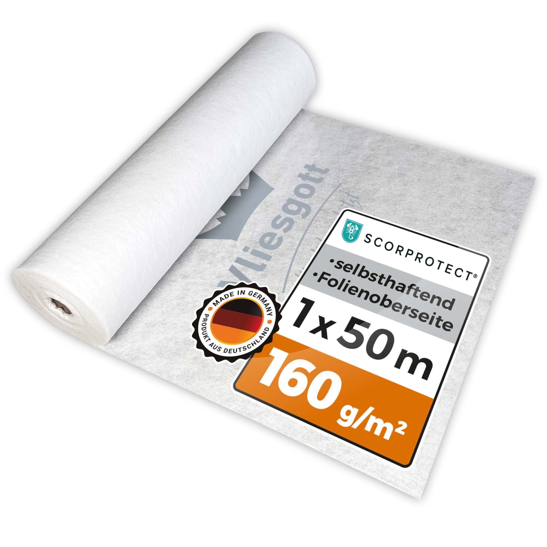 Scorprotect® BSV (bedruckt) Boden- und Treppenschutzvlies selbsthaftend 1 m x 50 m 160 g/m² Folienoberseite