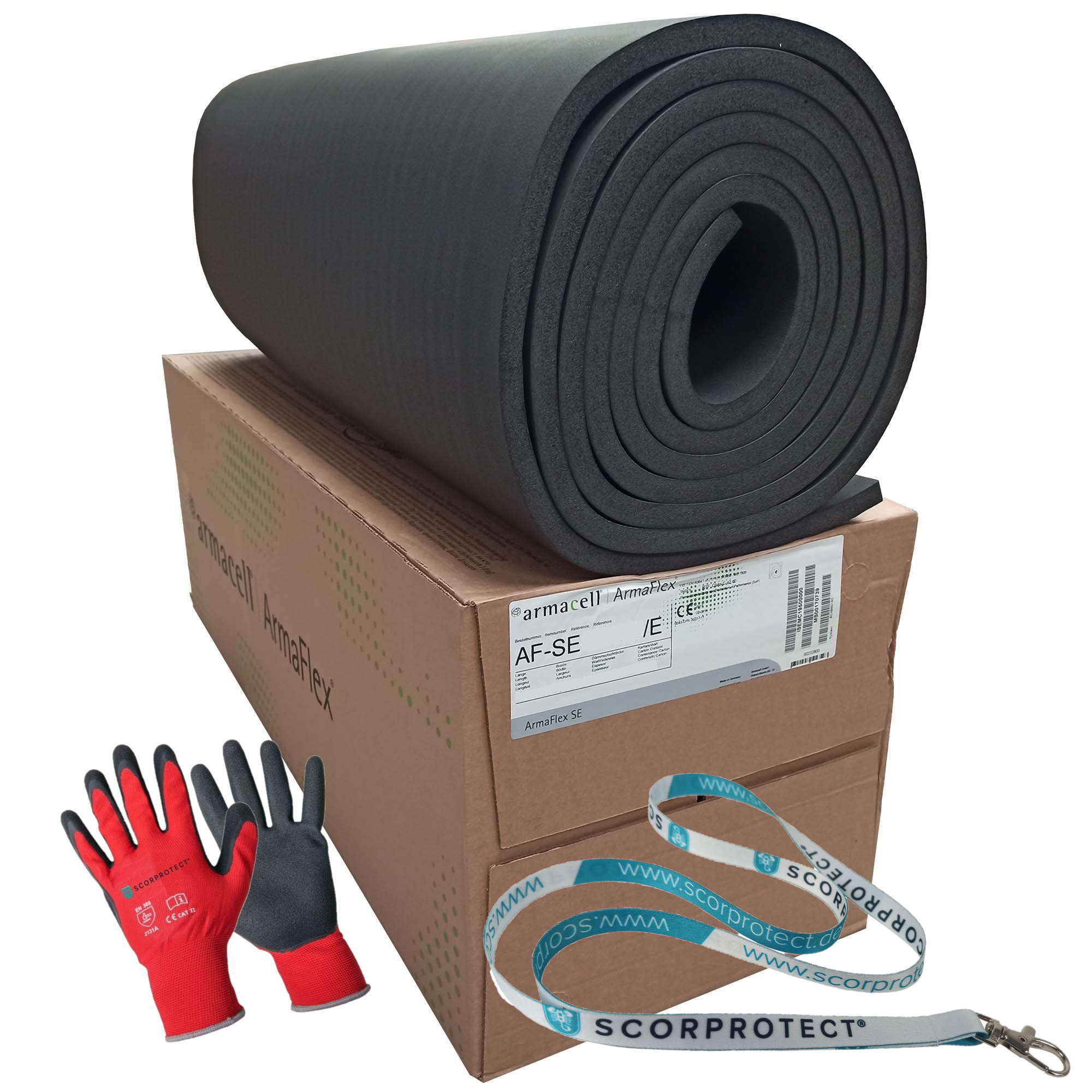 ArmaFlex® SE Kautschuk Platten s2 nicht selbstklebend + rote Handschuhe CAT2 + Scorprotect® Schlüsselband ArmaFlex® SE Kautschuk Platten s2 nicht selbstklebend + rote Handschuhe CAT2 + Scorprotect® Schlüsselband