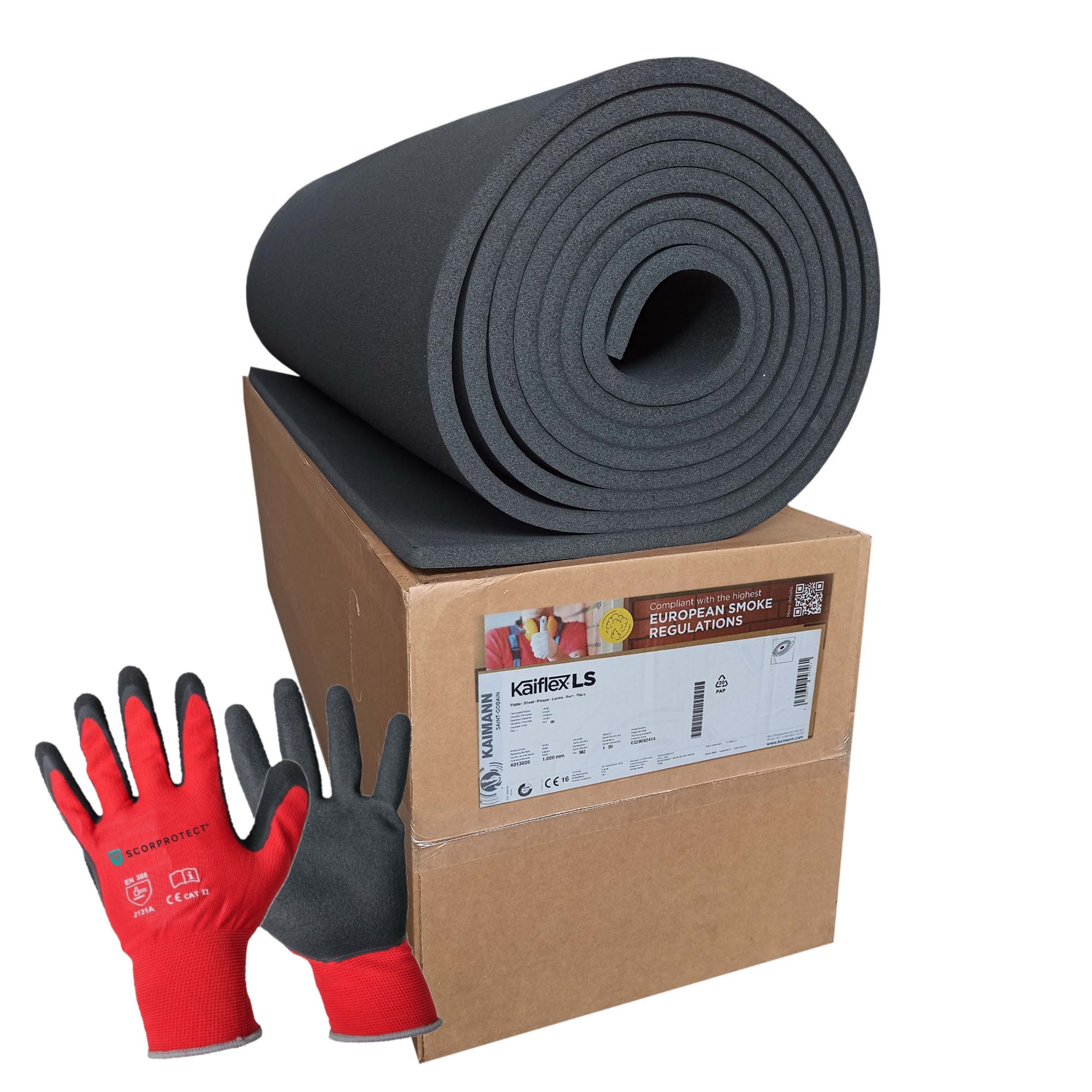 KaimannLS_nichtSK Kaiflex LS Kautschuk Platte S2 nicht selbstklebend 13 mm, 19 mm, 25 mm + rote Handschuhe CAT2