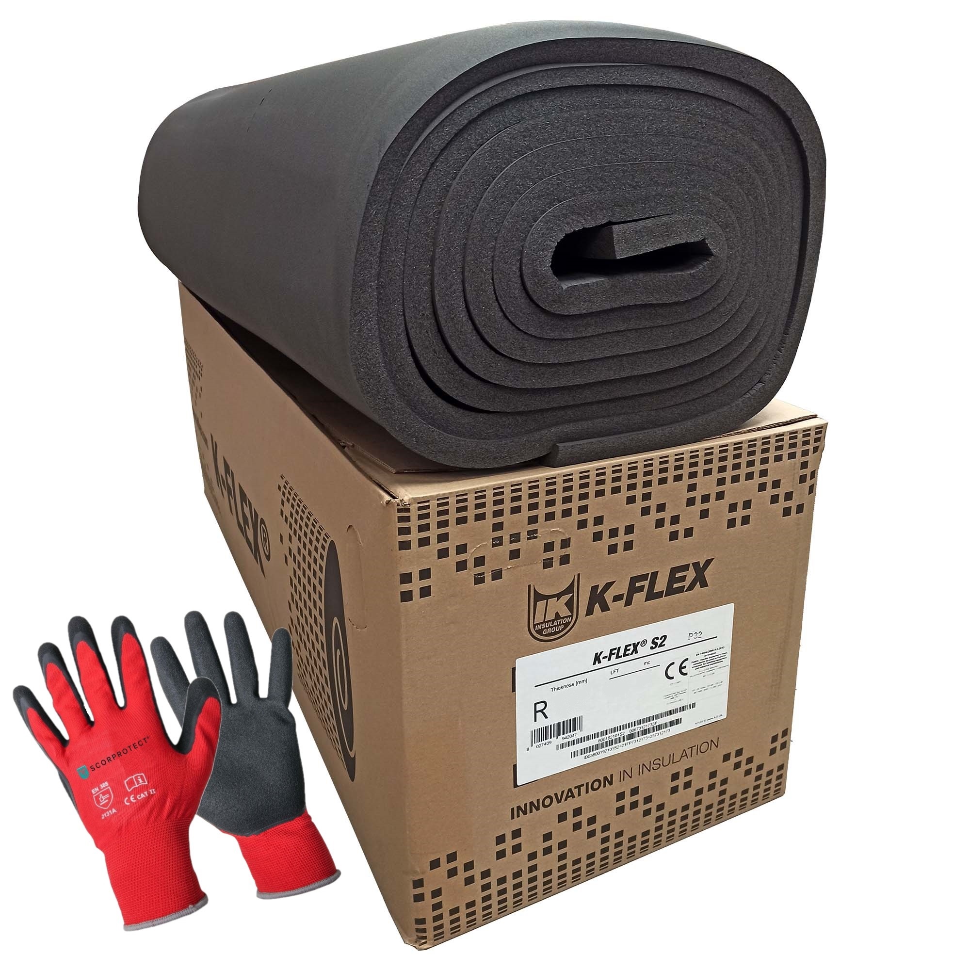 K-FLEX19neutral K-Flex® S2 Kautschuk Platte nicht selbstklebend 13 mm, 19 mm, 25 mm + rote Handschuhe CAT2