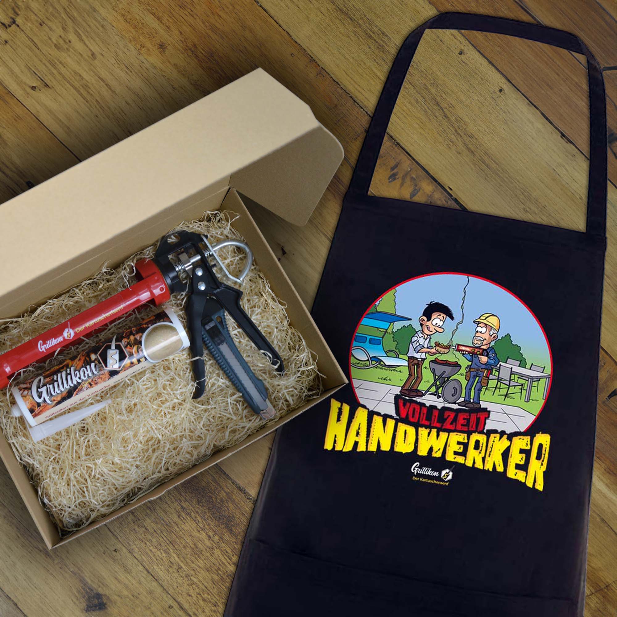 14F2EcSIAOqiMC Grillikon Geschenkset „Meister“ Barbecue in 300 ml Kartusche mit Grillschürze